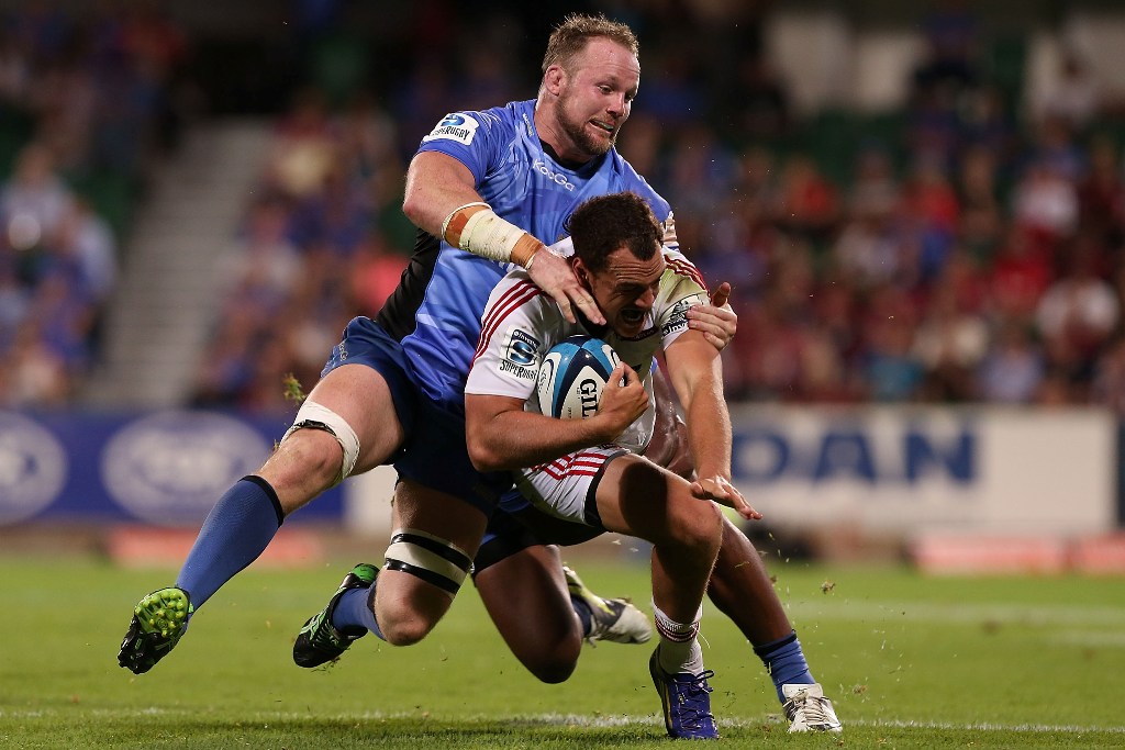 Richard Brown of the Force tackles Isreal Dagg of the Crusaders during the round 9 Super Rugby match between the Western Force and the Crusaders at nib Stadium on April 13, 2013 in Perth, Australia. Richard Brown of the Force tackles Isreal Dagg of the Crusaders during the round 9 Super Rugby match between the Western Force and the Crusaders at nib Stadium on April 13, 2013 in Perth, Australia.