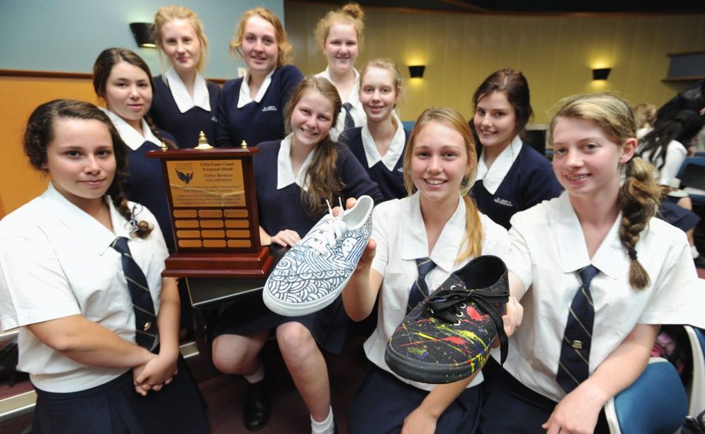 The winning team from St Marys College in Maryborough, Breanna Hawken, Abby Lewis, Joannah Stewart, Lucy Howard, Lauren Young, Charlotte Hills, Georgia Dale, Rachel Hume, Casey Stepanov and Megan Dale, with shoes from their business. The winning team from St Marys College in Maryborough, Breanna Hawken, Abby Lewis, Joannah Stewart, Lucy Howard, Lauren Young, Charlotte Hills, Georgia Dale, Rachel Hume, Casey Stepanov and Megan Dale, with shoes from their business.