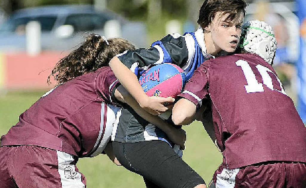 ELLEN BARNES (St Mary’s Casino) tries to charge through the defence of St Joseph’s Banora Point. ELLEN BARNES (St Mary’s Casino) tries to charge through the defence of St Joseph’s Banora Point.