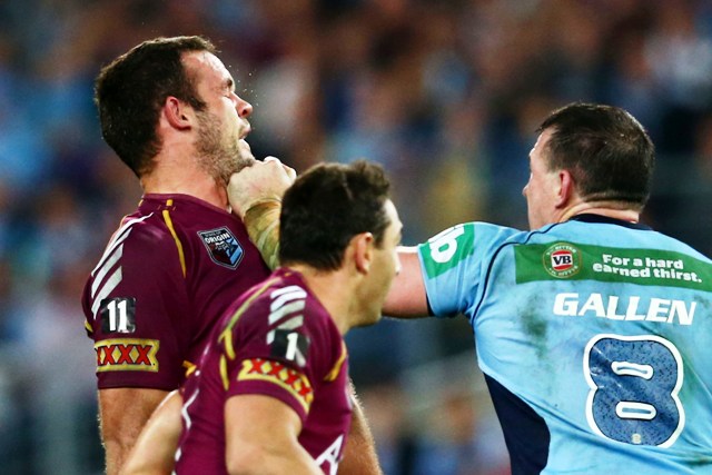 Paul Gallen lands a blow in Origin One. Paul Gallen lands a blow in Origin One.