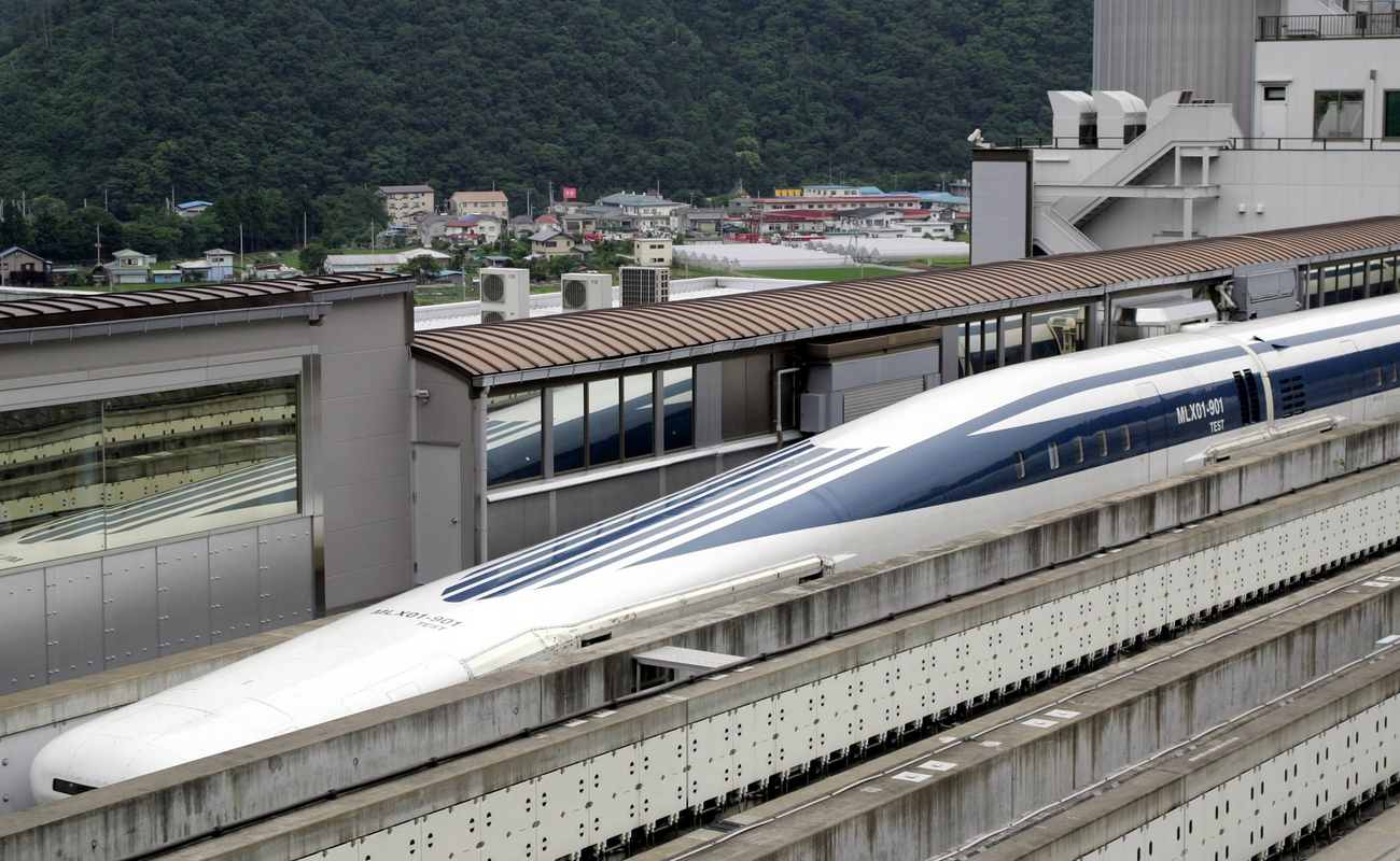 The maglev trains have aerodynamic elongated 'noses'. The maglev trains have aerodynamic elongated 'noses'.