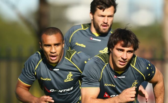 Will Genia, Adam Ashley-Cooper and Nick Phipps run a drill during a Wallabies training session at St Josephs College. Will Genia, Adam Ashley-Cooper and Nick Phipps run a drill during a Wallabies training session at St Josephs College.