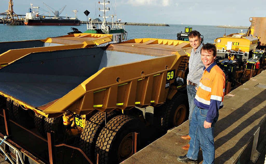Orionstone founder and Mackay businessman Ashley Fraser and Alec Bruce oversee operations at Mackay Harbour yesterday. It will take two separate trips to ship the 150-tonne plus machinery from Mackay to Weipa. Orionstone founder and Mackay businessman Ashley Fraser and Alec Bruce oversee operations at Mackay Harbour yesterday. It will take two separate trips to ship the 150-tonne plus machinery from Mackay to Weipa.