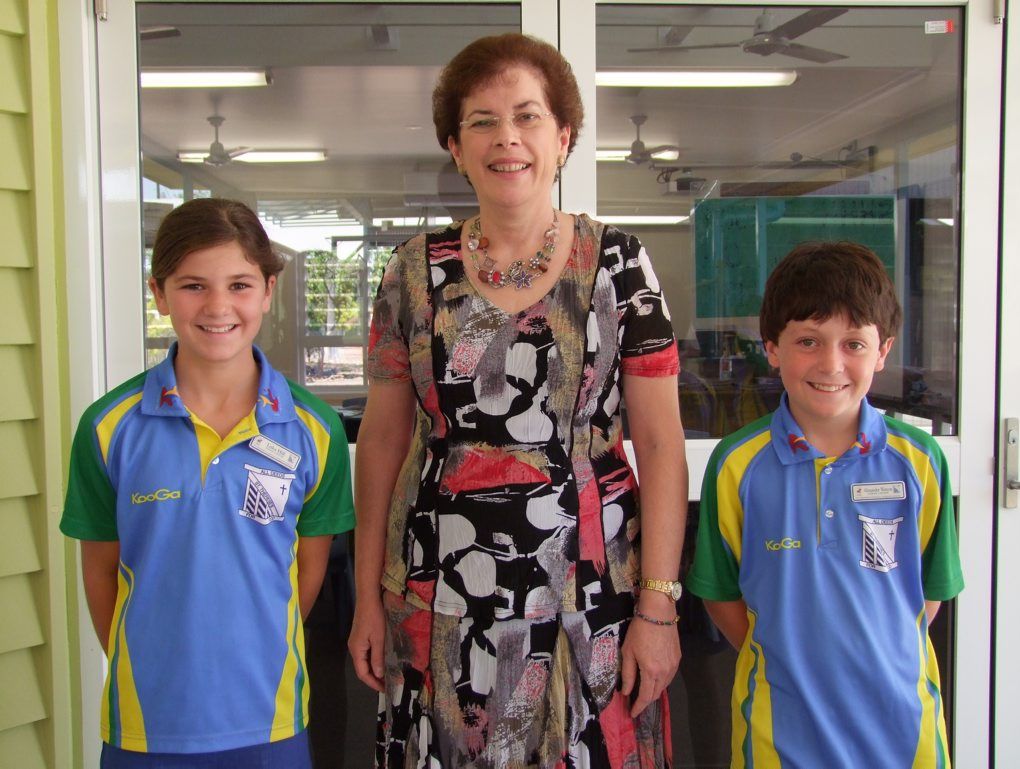 LEADING EDUCATION: Rockhampton Diocese Director of Catholic Education Leesa Jeffcoat flanked by St Therese's School Captains Luka Hill and Alexander Watson outside some of the new school buildings Photo George Smith/ Central & North Burnett Times