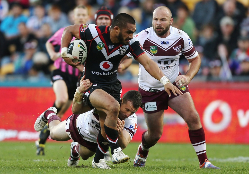 Thomas Leuluai of the Warriors is tackled during the round 13 NRL match between the New Zealand Warriors and the Manly Sea Eagles at Mt Smart Stadium on June 9, 2013 in Auckland, New Zealand. Thomas Leuluai of the Warriors is tackled during the round 13 NRL match between the New Zealand Warriors and the Manly Sea Eagles at Mt Smart Stadium on June 9, 2013 in Auckland, New Zealand.