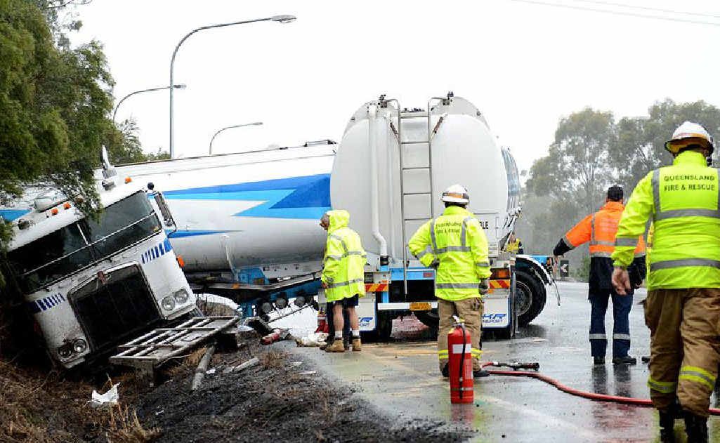 ROAD CLOSED: A truck crash on the Warrego Highway at Kholo closed the highway but the driver escaped injury. ROAD CLOSED: A truck crash on the Warrego Highway at Kholo closed the highway but the driver escaped injury.