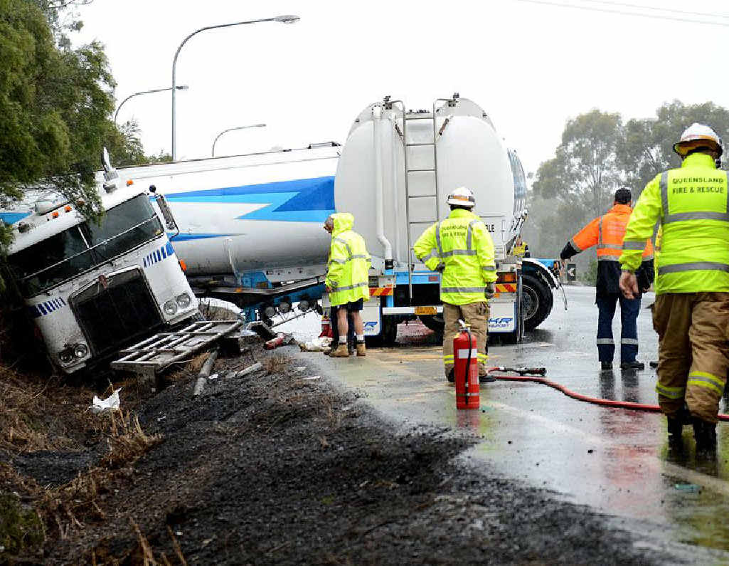 ROAD CLOSED: A truck crash on the Warrego Highway at Kholo closed the highway but the driver escaped injury. ROAD CLOSED: A truck crash on the Warrego Highway at Kholo closed the highway but the driver escaped injury.