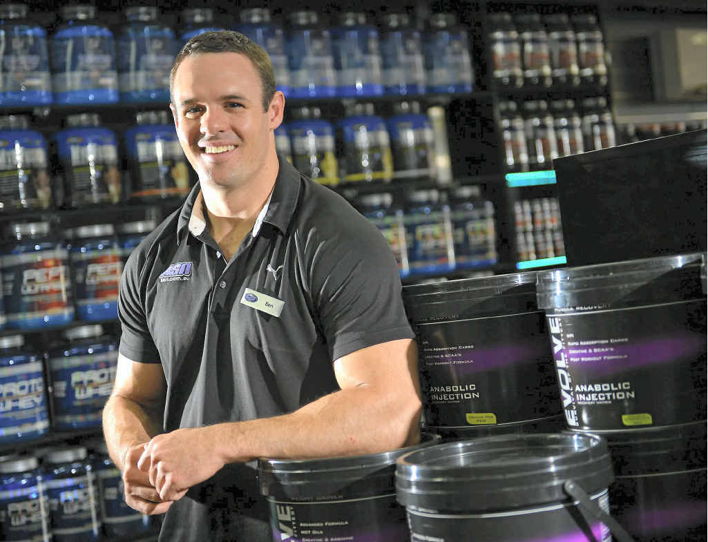 Australian Sports Nutrition Gladstone part-owner Ben Murphy is excited by a visit from body building legend Dennis James. Australian Sports Nutrition Gladstone part-owner Ben Murphy is excited by a visit from body building legend Dennis James.