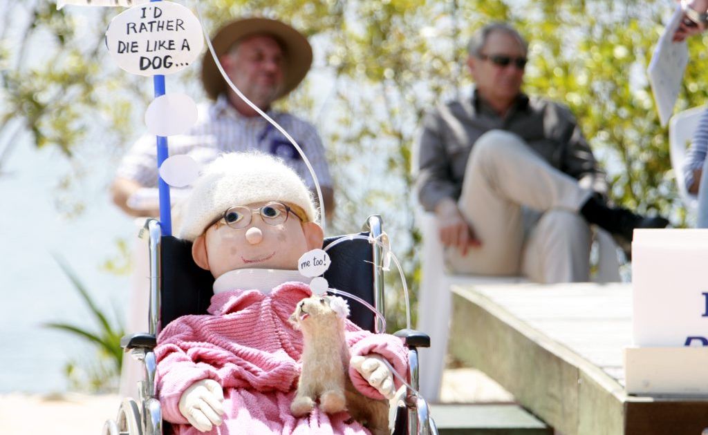 Voluntary Euthanasia meeting at Cotton Tree Park. Mascot Harriott sits in her wheelchair. Voluntary Euthanasia meeting at Cotton Tree Park. Mascot Harriott sits in her wheelchair.