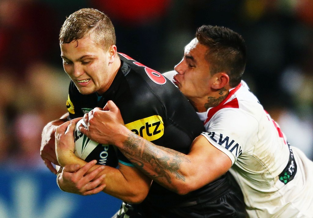 Matt Moylan of the Panthers is tackled by Daniel Vidot of the Dragons during the round 11 NRL match between the St George Ilawarra Dragons and the Penrith Panthers at WIN Jubilee Stadium on May 25, 2013 in Sydney, Australia. Matt Moylan of the Panthers is tackled by Daniel Vidot of the Dragons during the round 11 NRL match between the St George Ilawarra Dragons and the Penrith Panthers at WIN Jubilee Stadium on May 25, 2013 in Sydney, Australia.