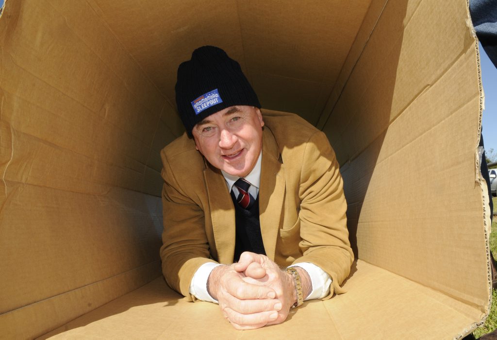 Mayor Paul Antonio prepares to brave the cold for the Vinnies Community Sleepout at Gold Park. Mayor Paul Antonio prepares to brave the cold for the Vinnies Community Sleepout at Gold Park.
