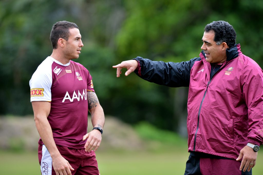 Queensland Rugby League State of Origin training at Coolum. Darius Boyd with Mal Meninga. Queensland Rugby League State of Origin training at Coolum. Darius Boyd with Mal Meninga.