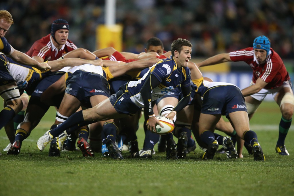 Ian Prior of the Brumbies passes the ball during the International tour match between the ACT Brumbies and the British & Irish Lions at Canberra Stadium on June 18, 2013 in Canberra, Australia. Ian Prior of the Brumbies passes the ball during the International tour match between the ACT Brumbies and the British & Irish Lions at Canberra Stadium on June 18, 2013 in Canberra, Australia.
