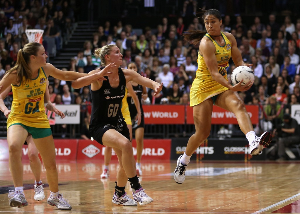 Mo'onia Gerrard of Australia keeps the ball in play during the 2012 Quad Series match between the New Zealand Silver Ferns and the Australian Diamonds at Claudelands Event Centre on November 1, 2012 in Hamilton, New Zealand. Mo'onia Gerrard of Australia keeps the ball in play during the 2012 Quad Series match between the New Zealand Silver Ferns and the Australian Diamonds at Claudelands Event Centre on November 1, 2012 in Hamilton, New Zealand.