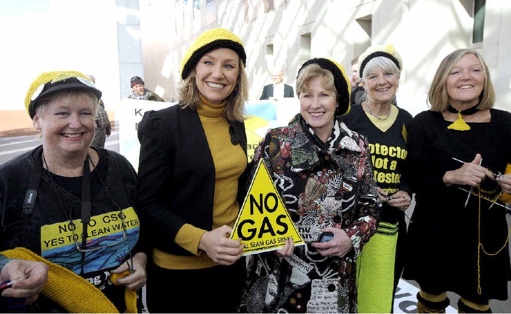 SIT-IN: Australian Greens Senators Larissa Waters and Christine Milne with members of Knitting Nannas Against Gas outside Parliament House. SIT-IN: Australian Greens Senators Larissa Waters and Christine Milne with members of Knitting Nannas Against Gas outside Parliament House.