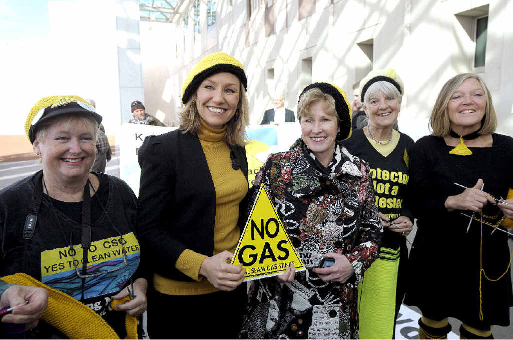 SIT-IN: Australian Greens Senators Larissa Waters and Christine Milne with members of Knitting Nannas Against Gas outside Parliament House. SIT-IN: Australian Greens Senators Larissa Waters and Christine Milne with members of Knitting Nannas Against Gas outside Parliament House.