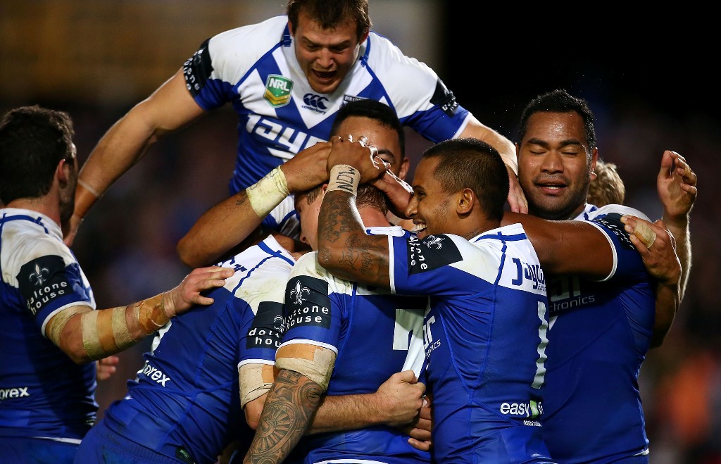 The Bulldogs celebrate a penalty goal by Trent Hodkinson in extra time to win the round 14 NRL match between the Manly Sea Eagles and the Canterbury Bulldogs at Brookvale Oval on June 14, 2013 in Sydney, Australia. The Bulldogs celebrate a penalty goal by Trent Hodkinson in extra time to win the round 14 NRL match between the Manly Sea Eagles and the Canterbury Bulldogs at Brookvale Oval on June 14, 2013 in Sydney, Australia.