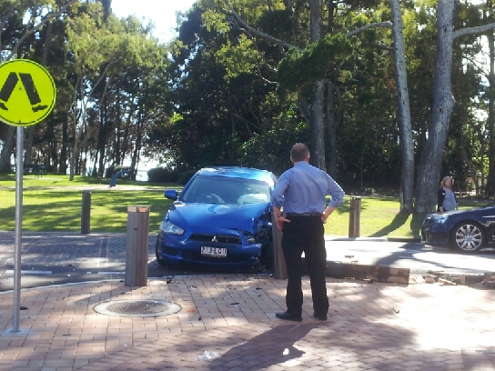 A car has crashed at the corner of Tavistock St and the Esplanade in Torquay. 