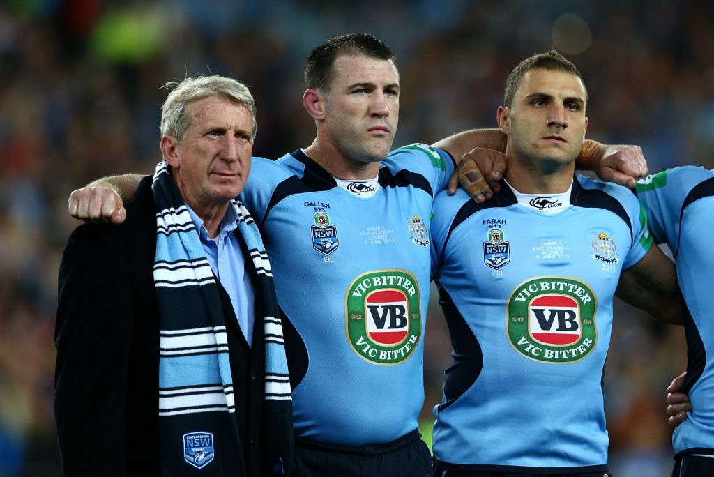 Former Blues player Steve Mortimer standing alongside NSW captain Paul Gallen and Robbie Farah. Former Blues player Steve Mortimer standing alongside NSW captain Paul Gallen and Robbie Farah.