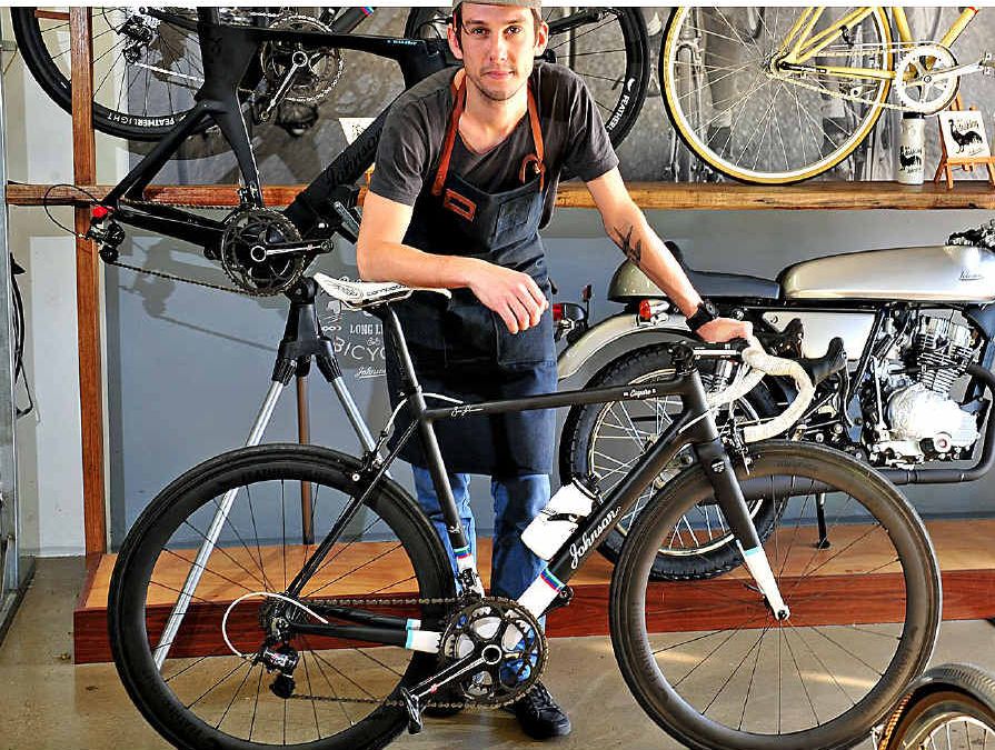 FORM AND FASHION: Former pro-continental cyclist Ben Johnson of Noosa Heads has launched his own top-of-the-range bike. FORM AND FASHION: Former pro-continental cyclist Ben Johnson of Noosa Heads has launched his own top-of-the-range bike.