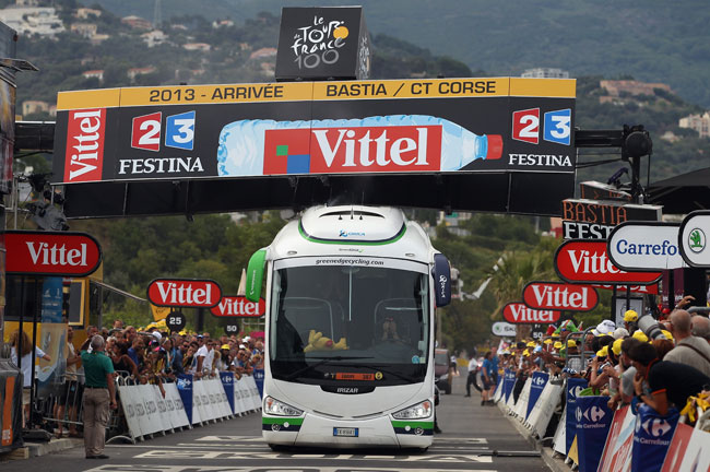 The Orica-Greenedge team bus collides with the finishing banner prior to the race arriving at the end of stage one of the 2013 Tour de France, a 213KM road stage from Porto-Vecchio to Bastia, on June 29, 2013 in Bastia, France. The Orica-Greenedge team bus collides with the finishing banner prior to the race arriving at the end of stage one of the 2013 Tour de France, a 213KM road stage from Porto-Vecchio to Bastia, on June 29, 2013 in Bastia, France.