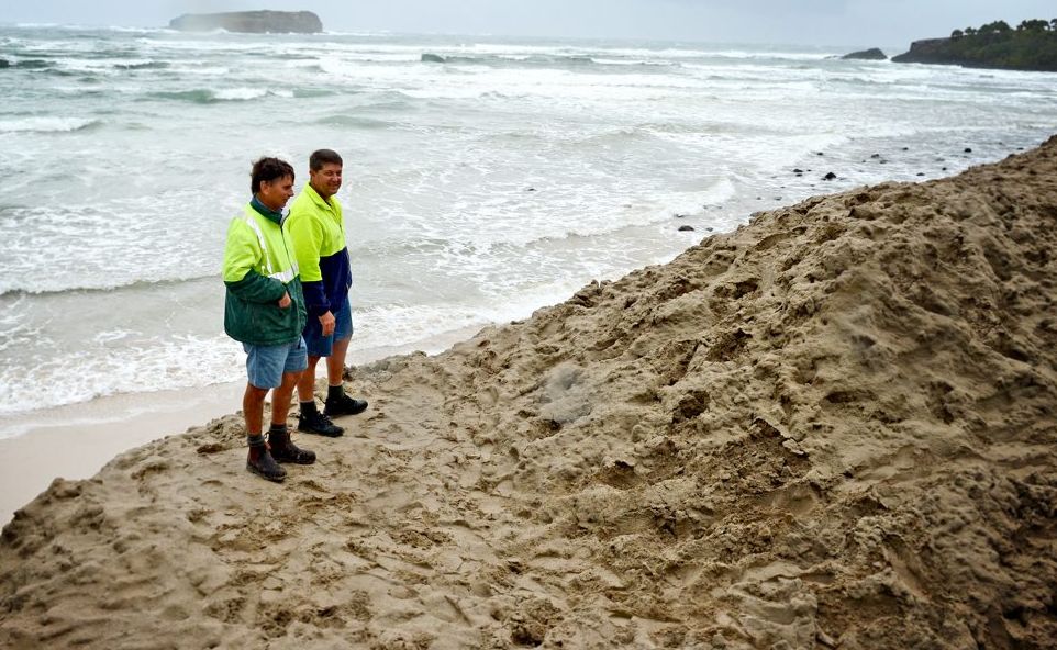 Rod Keevers from the Tweed Shire Council and Fingal Surf Club member Jason Rush keep an eye on things as the tide rises. Photo: Blainey Woodham / Daily News Rod Keevers from the Tweed Shire Council and Fingal Surf Club member Jason Rush keep an eye on things as the tide rises. Photo: Blainey Woodham / Daily News