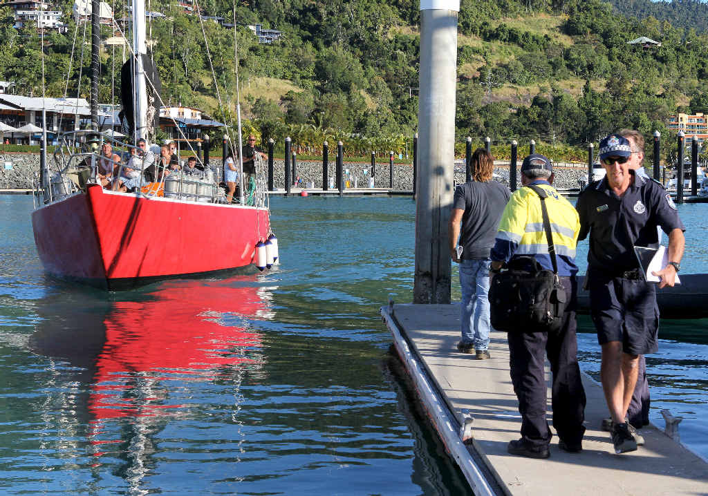 The Samurai comes into Abell Point Marina as Whitsunday Water Police officers and MSQ staff wait to board the boat. The vessel’s owner Rick Sampara is walking towards the boat. The Samurai comes into Abell Point Marina as Whitsunday Water Police officers and MSQ staff wait to board the boat. The vessel’s owner Rick Sampara is walking towards the boat.