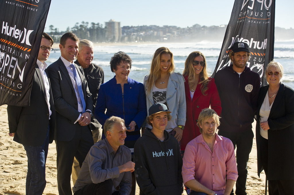 NSW Treasurer and Member for Manly Mike Baird, Manly Mayor Jean Hay, IMG, ASP, Hurley and Tyler Wright, Sally Fitzgibbons and Kai Otton. NSW Treasurer and Member for Manly Mike Baird, Manly Mayor Jean Hay, IMG, ASP, Hurley and Tyler Wright, Sally Fitzgibbons and Kai Otton.