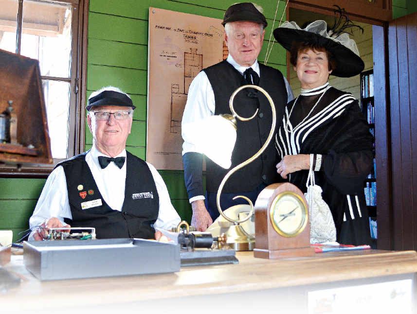 Reviving history, Ernie Bell, Boll Morrow and Betty Morrow man the telegraph station in Tambo, and offered to send telegrams around the world.