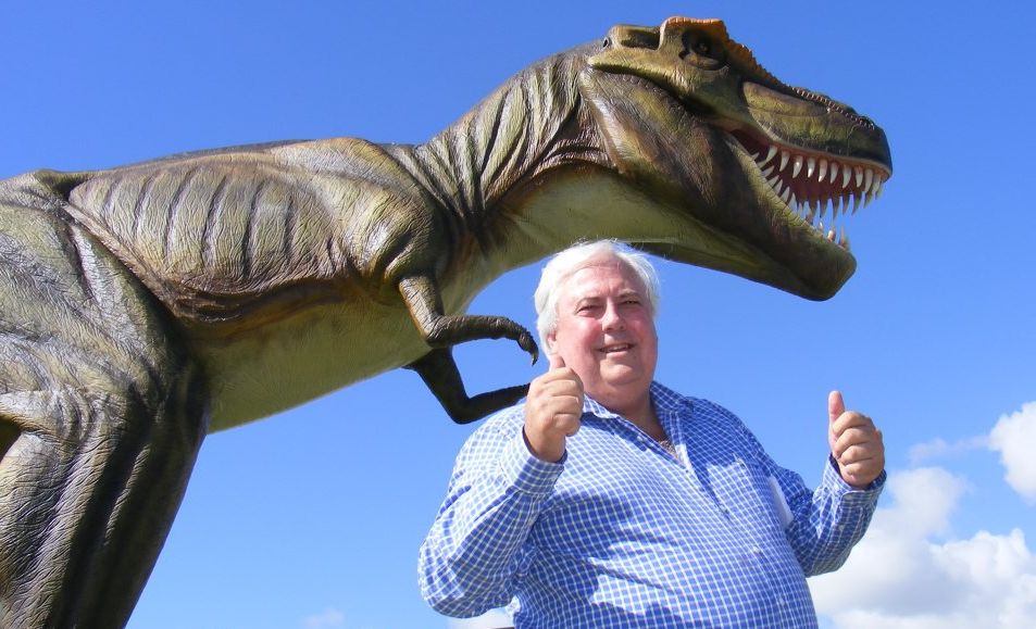 Clive Palmer with the dinosaur Jeff, during the 2012 PGA at Palmer Coolum Resort. Clive Palmer with the dinosaur Jeff, during the 2012 PGA at Palmer Coolum Resort.