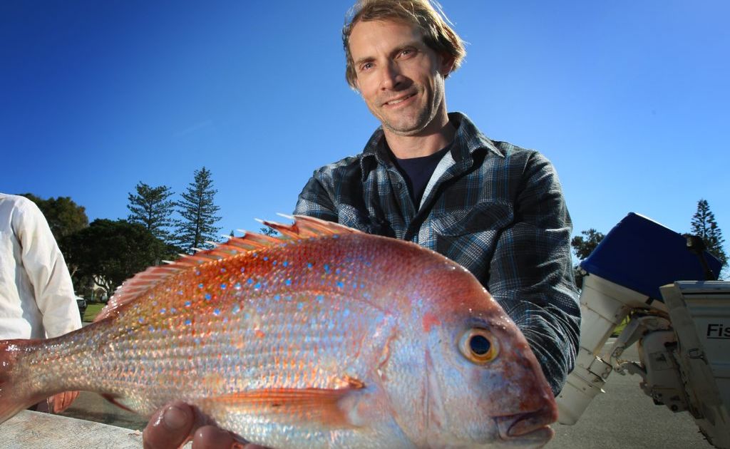 Darren James with a perfect tabled sized Snapper he caught on nine mile reef this morning. Photo: Blainey Woodham / Daily News Darren James with a perfect tabled sized Snapper he caught on nine mile reef this morning. Photo: Blainey Woodham / Daily News