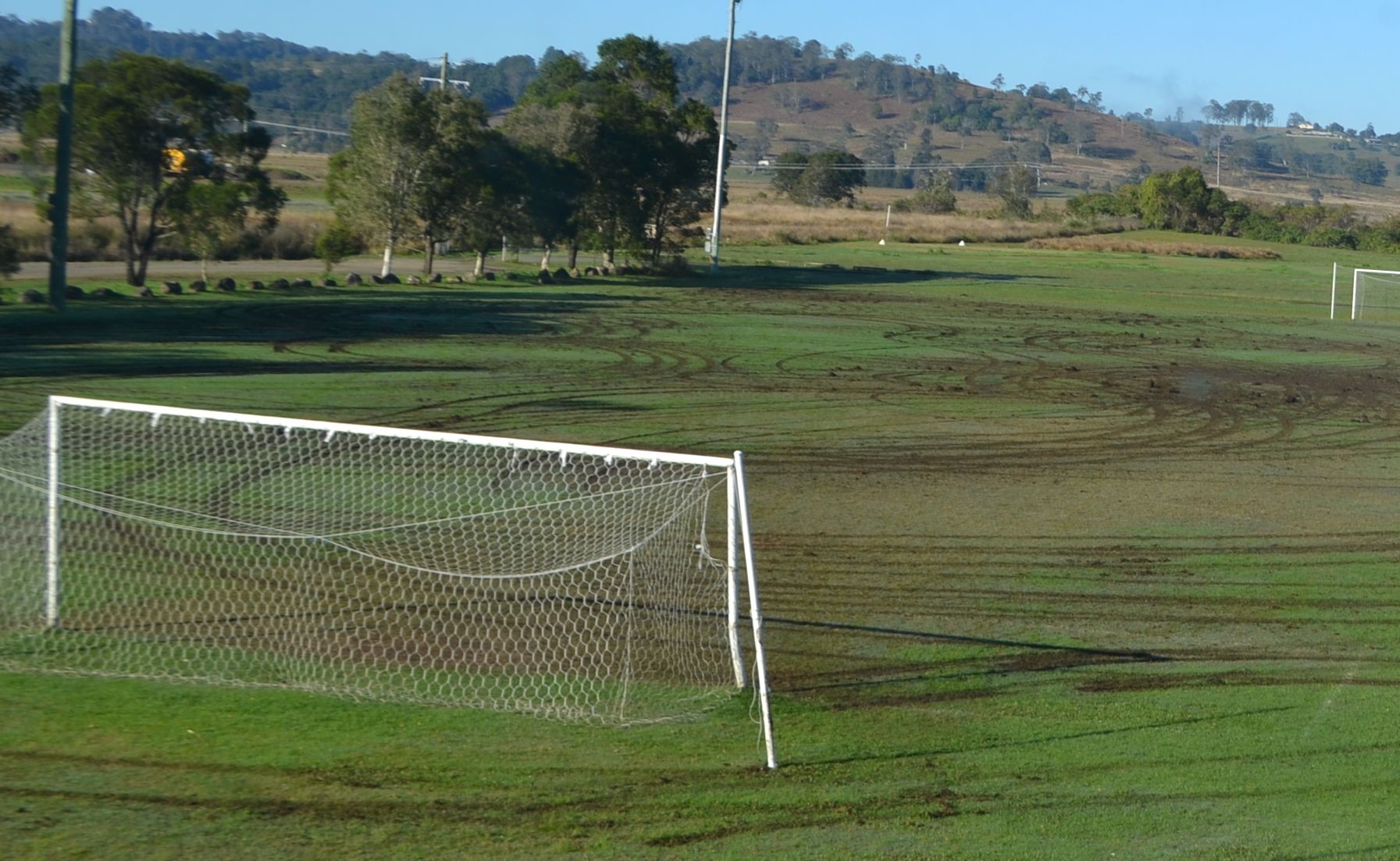 DAMAGED GROUNDS: The grounds of the Thistle Soccer Club have been destroyed by hoons overnight.
DAMAGED GROUNDS: The grounds of the Thistle Soccer Club have been destroyed by hoons overnight.
