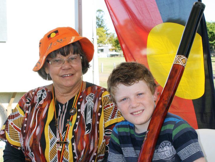 HIGHLIGHT: Didgeridoo player Isaac Gannon with Aunty Therese Webster at yesterday’s NAIDOC celebrations in Laidley.