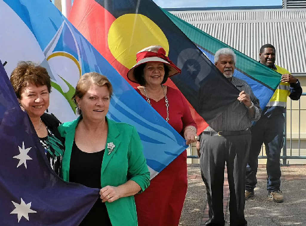 The Australian, Council, Aboriginal and Torres Strait Islands flags raised by Kay Harper, Member for Gladstone Liz Cunningham, Gladstone Mayor Gail Sellers, Lindsay Johnson and Mick Ghee. The Australian, Council, Aboriginal and Torres Strait Islands flags raised by Kay Harper, Member for Gladstone Liz Cunningham, Gladstone Mayor Gail Sellers, Lindsay Johnson and Mick Ghee.