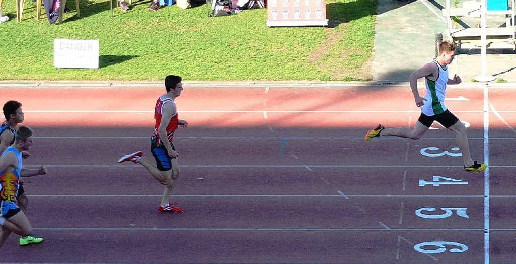 BIG WIN: Johnathon Taylor gaps the field winning the 15-16-years 200m at the Down Under Track and Field Championships in 23.06 seconds. BIG WIN: Johnathon Taylor gaps the field winning the 15-16-years 200m at the Down Under Track and Field Championships in 23.06 seconds.