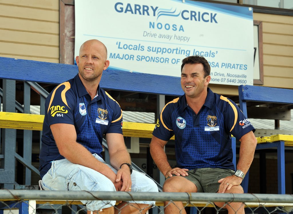 Former Hunter Mariners teammates Scott Hill (left) and Noel Goldthorpe are recombining as coaches for the Noosa Pirates this year. Photo Geoff Potter / Noosa News. Former Hunter Mariners teammates Scott Hill (left) and Noel Goldthorpe are recombining as coaches for the Noosa Pirates this year. Photo Geoff Potter / Noosa News.