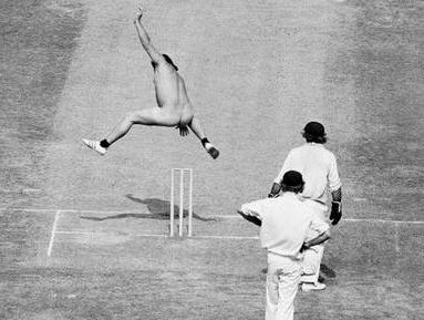 On 4 August 1975 the Ashes Test was disrupted when Michael Angelow shed his clothes and made a dash across the playing area. On 4 August 1975 the Ashes Test was disrupted when Michael Angelow shed his clothes and made a dash across the playing area.