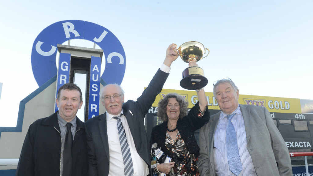 PARTY TIME: Owners of 100th Grafton Cup winner Mr O’ceirin (L-R) John Webb, Geoff and Lynette McLaren and Tony McGrath celebrate after the race. Photo: Adam Hourigan PARTY TIME: Owners of 100th Grafton Cup winner Mr O’ceirin (L-R) John Webb, Geoff and Lynette McLaren and Tony McGrath celebrate after the race. Photo: Adam Hourigan