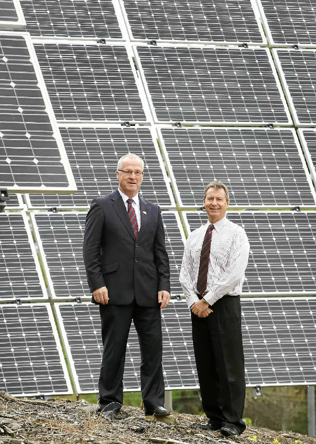 SUNNY SIDE UP: Mayor Mark Jamieson (left) and councillor Steve Robinson look forward to the Coast having its own solar farm. SUNNY SIDE UP: Mayor Mark Jamieson (left) and councillor Steve Robinson look forward to the Coast having its own solar farm.