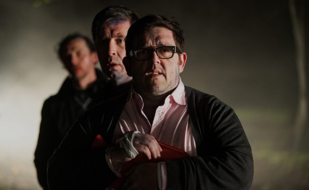 Nick Frost, front, with Paddy Considine and Simon Pegg pictured behind, in a scene from the movie The World's End. Nick Frost, front, with Paddy Considine and Simon Pegg pictured behind, in a scene from the movie The World's End.