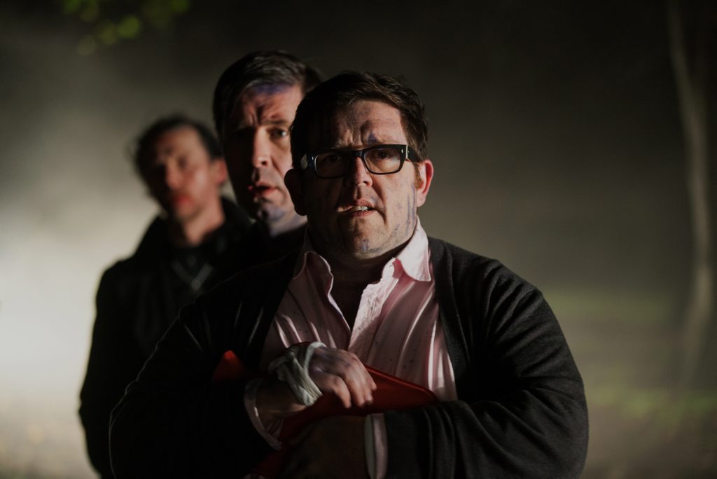Nick Frost, front, with Paddy Considine and Simon Pegg pictured behind, in a scene from the movie The World's End. Nick Frost, front, with Paddy Considine and Simon Pegg pictured behind, in a scene from the movie The World's End.