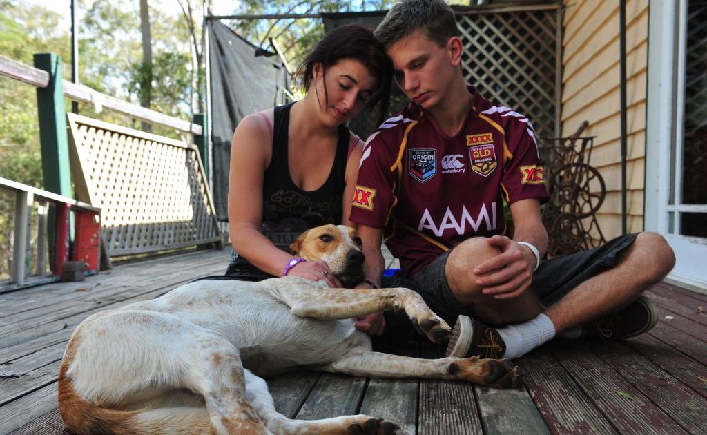 LEFT TO DROWN: Gabbie Cuthbert and Jakeb Forrester found Lucky on the Cedars Bridge. Her legs and muzzle had been taped up. Photo: Mike Knott / NewsMail LEFT TO DROWN: Gabbie Cuthbert and Jakeb Forrester found Lucky on the Cedars Bridge. Her legs and muzzle had been taped up. Photo: Mike Knott / NewsMail