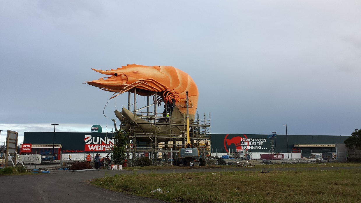 Shadecloth hiding the Big Prawn's tail has been removed and a second coat of paint applied to the top section. Shadecloth hiding the Big Prawn's tail has been removed and a second coat of paint applied to the top section.