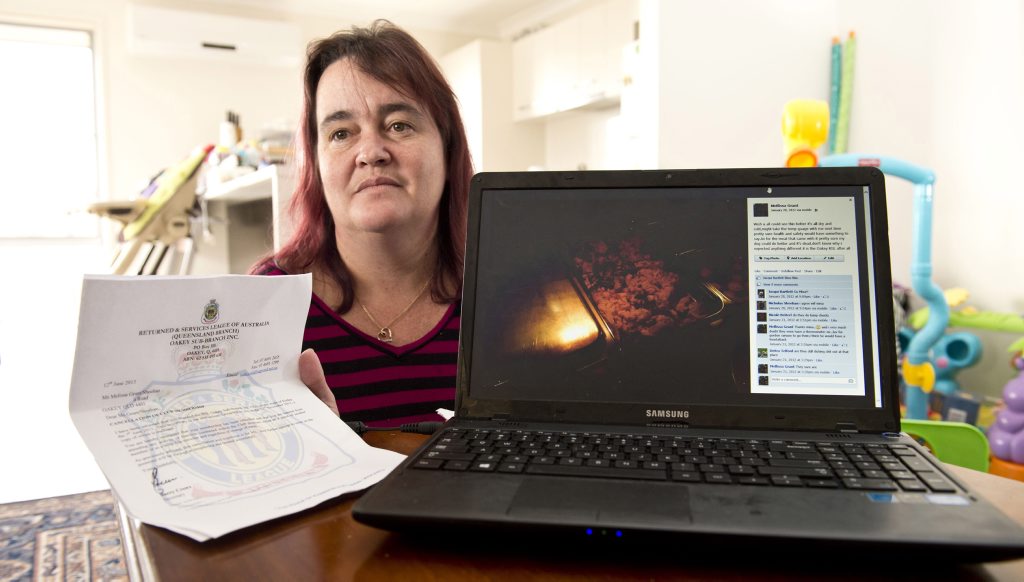 Mellissa Grant has been banned from the Oakey RSL after she posted photographs and comments about the food at the RSL online. Mellissa Grant has been banned from the Oakey RSL after she posted photographs and comments about the food at the RSL online.