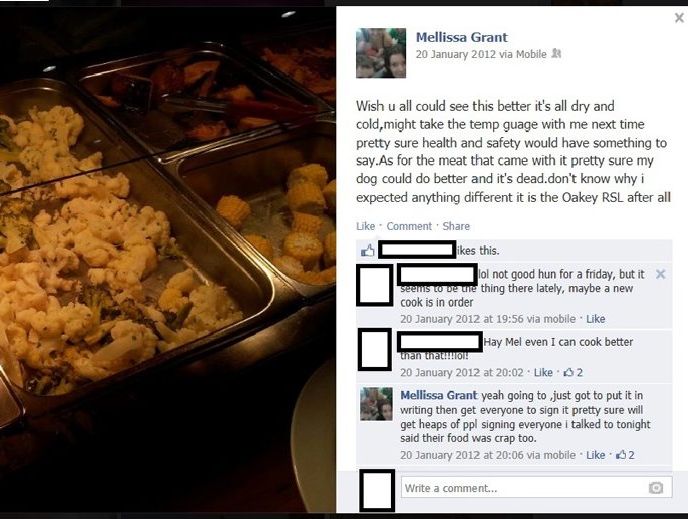 Melissa Grant's meal review on Facebook Melissa Grant's meal review on Facebook