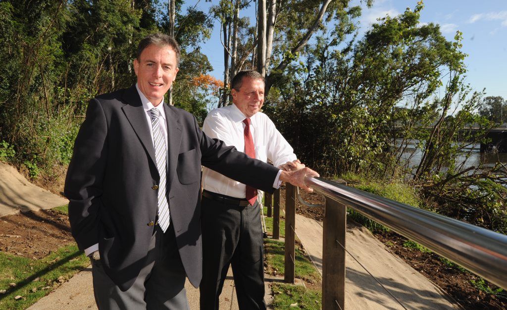 Fraser Coast Regional Council Mayor Gerard O'Connell and councillor Trevor McDonald at Pioneer Park in Tinana after flood repairs. Fraser Coast Regional Council Mayor Gerard O'Connell and councillor Trevor McDonald at Pioneer Park in Tinana after flood repairs.