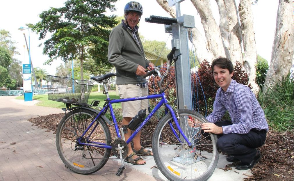 Councillor George Seymour tests out the new bike repair station in Pier Park with visiting cyclist Ian Timms from Geelong. Councillor George Seymour tests out the new bike repair station in Pier Park with visiting cyclist Ian Timms from Geelong.