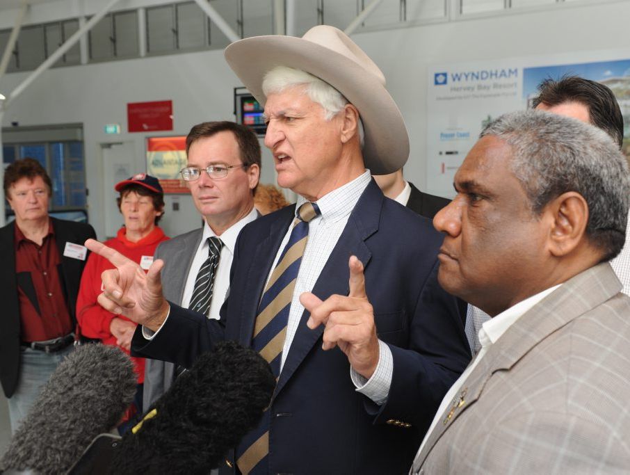 Bob Katter at the Hervey Bay airport with his candidate for Hinkler David Dalgleish (left) and his senate candidate Les MucKan.