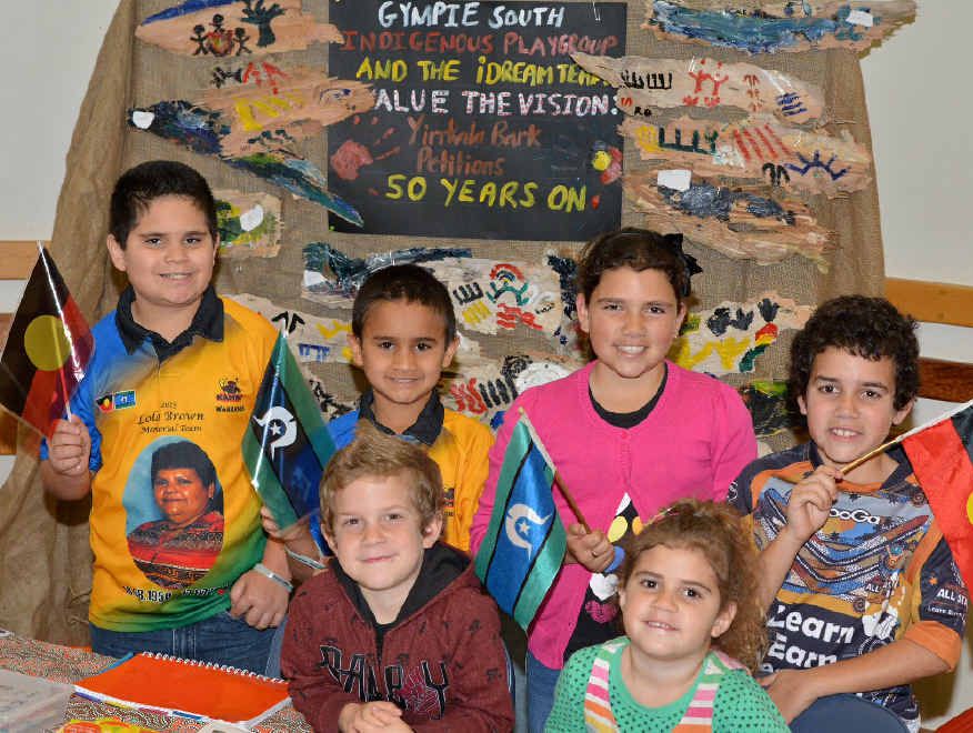 Students enjoy NAIDOC Day celebrations at the Gympie Civic Centre (back, from left) Dylan and Ivan Brown, Lakkari Mason, (front) Kaleb and Moondara Mason.