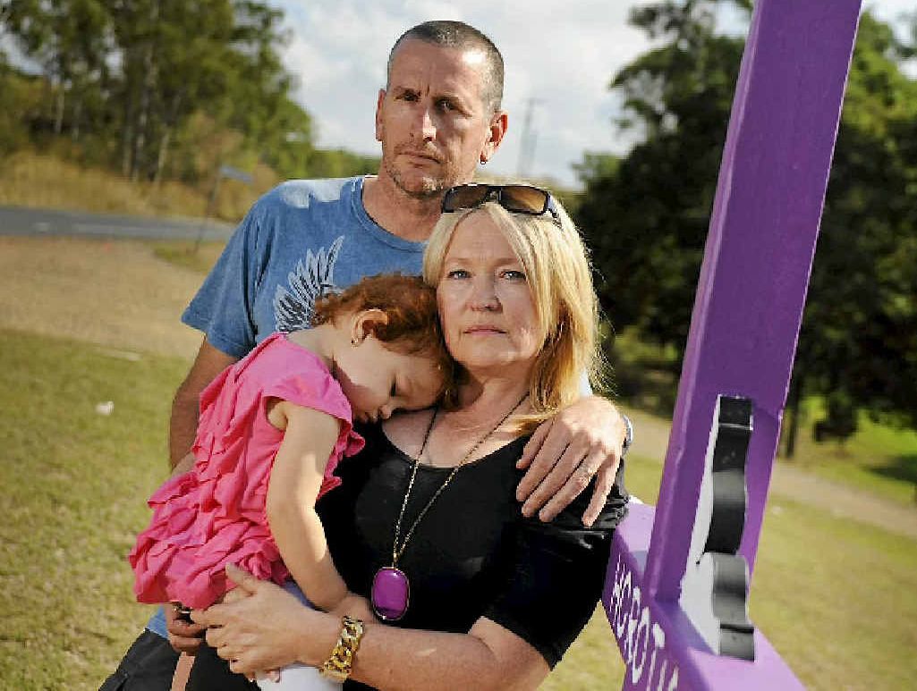 Debbie and Garry Mason stand by a new a tribute to 19-month-old Tu Maia’s mum Horotia Brennan, who was killed in a crash almost one year ago. Debbie and Garry Mason stand by a new a tribute to 19-month-old Tu Maia’s mum Horotia Brennan, who was killed in a crash almost one year ago.